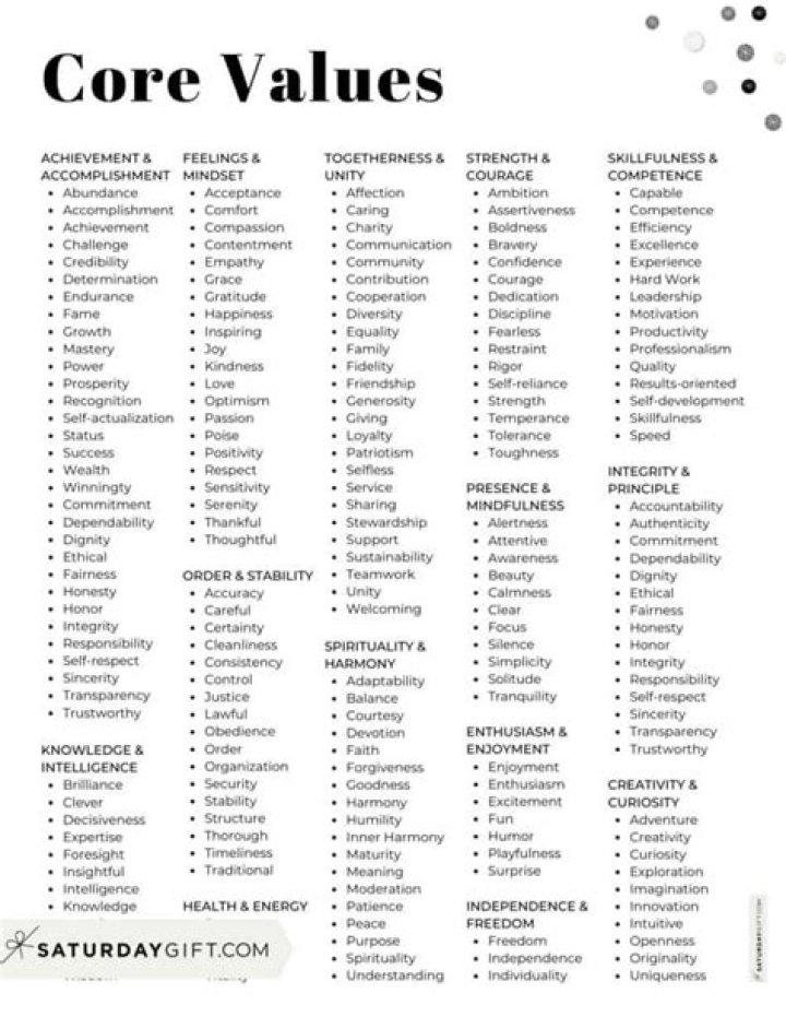 What are the 6 categories of values?